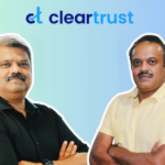 Founders of ClearTrust, united in their quest against digital ad fraud, stand back to back in a show of solidarity and strength amidst a swirl of cybersecurity symbols, showcasing their dedication to protecting the digital world with innovative ad verification solutions and a commitment to integrity and trust in the online advertising industry.