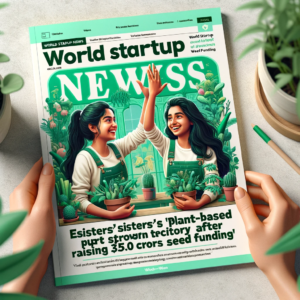 Two young Indian women entrepreneurs, the co-founders of plant-based supplement startup Earthful, smile and high-five each other against a green background with the Earthful logo, celebrating their company's recent $500K funding and unicorn status