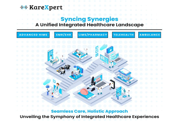 The KareXpert logo against a background of healthcare technology and digital systems representing their mission to revolutionize digital healthcare in India.